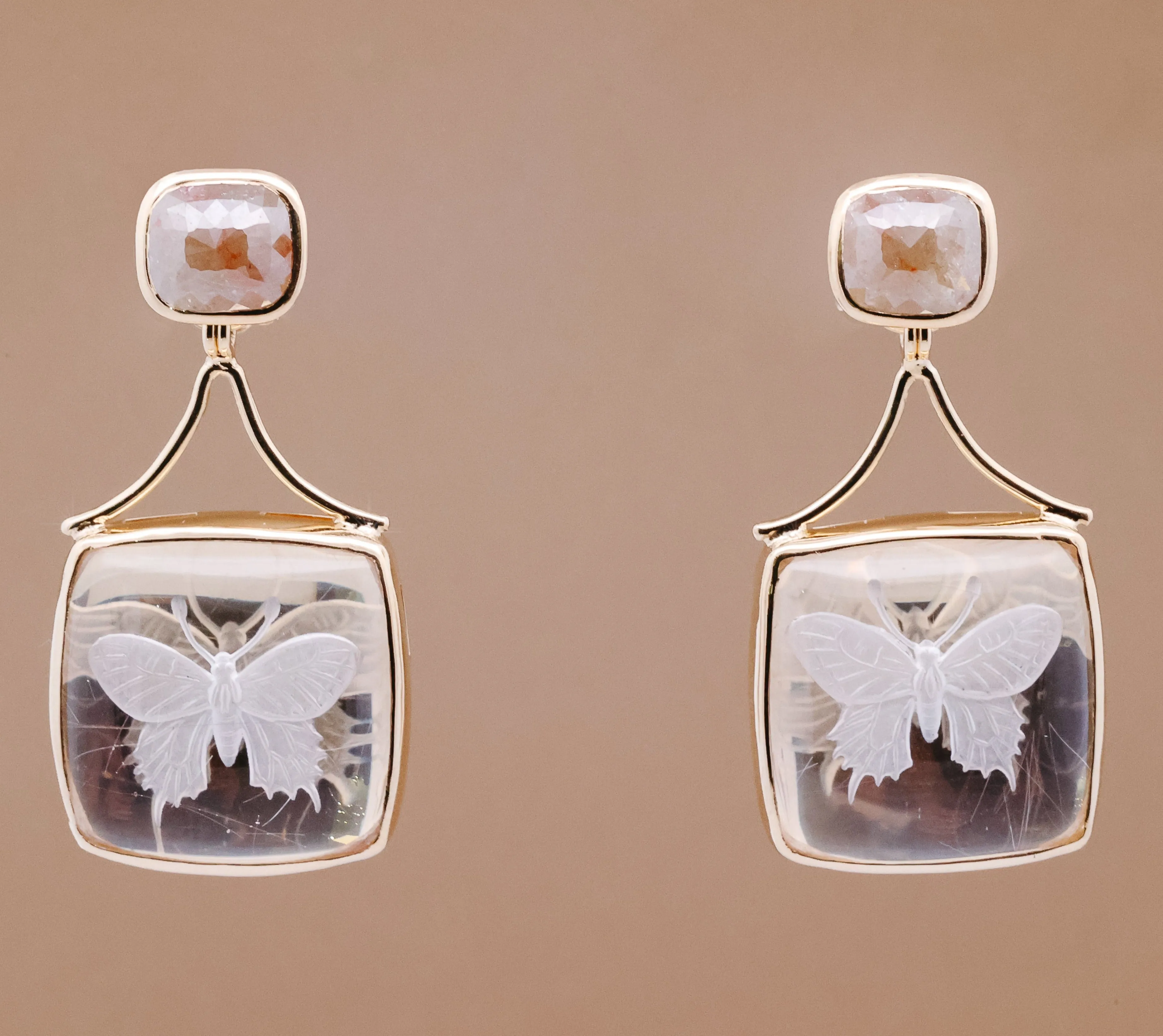 18k Yellow Gold Butterfly Carved Quartz Modullyn Earring Jackets