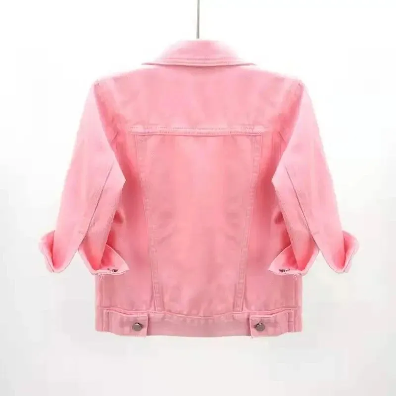 2024 New Women Spring Autumn Denim Jacket Tops Pink Color Solid Short Multicolor Feminino Three Quarter Sleeve Jean Jacket