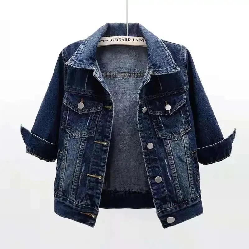 2024 New Women Spring Autumn Denim Jacket Tops Pink Color Solid Short Multicolor Feminino Three Quarter Sleeve Jean Jacket