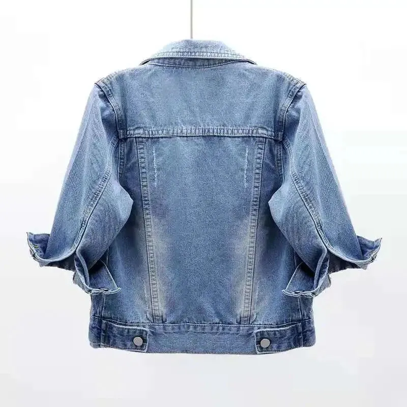 2024 New Women Spring Autumn Denim Jacket Tops Pink Color Solid Short Multicolor Feminino Three Quarter Sleeve Jean Jacket