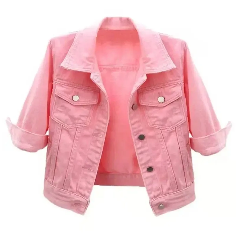 2024 New Women Spring Autumn Denim Jacket Tops Pink Color Solid Short Multicolor Feminino Three Quarter Sleeve Jean Jacket