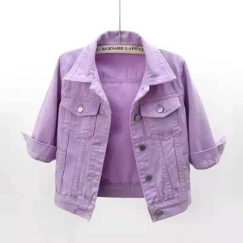 2024 New Women Spring Autumn Denim Jacket Tops Pink Color Solid Short Multicolor Feminino Three Quarter Sleeve Jean Jacket