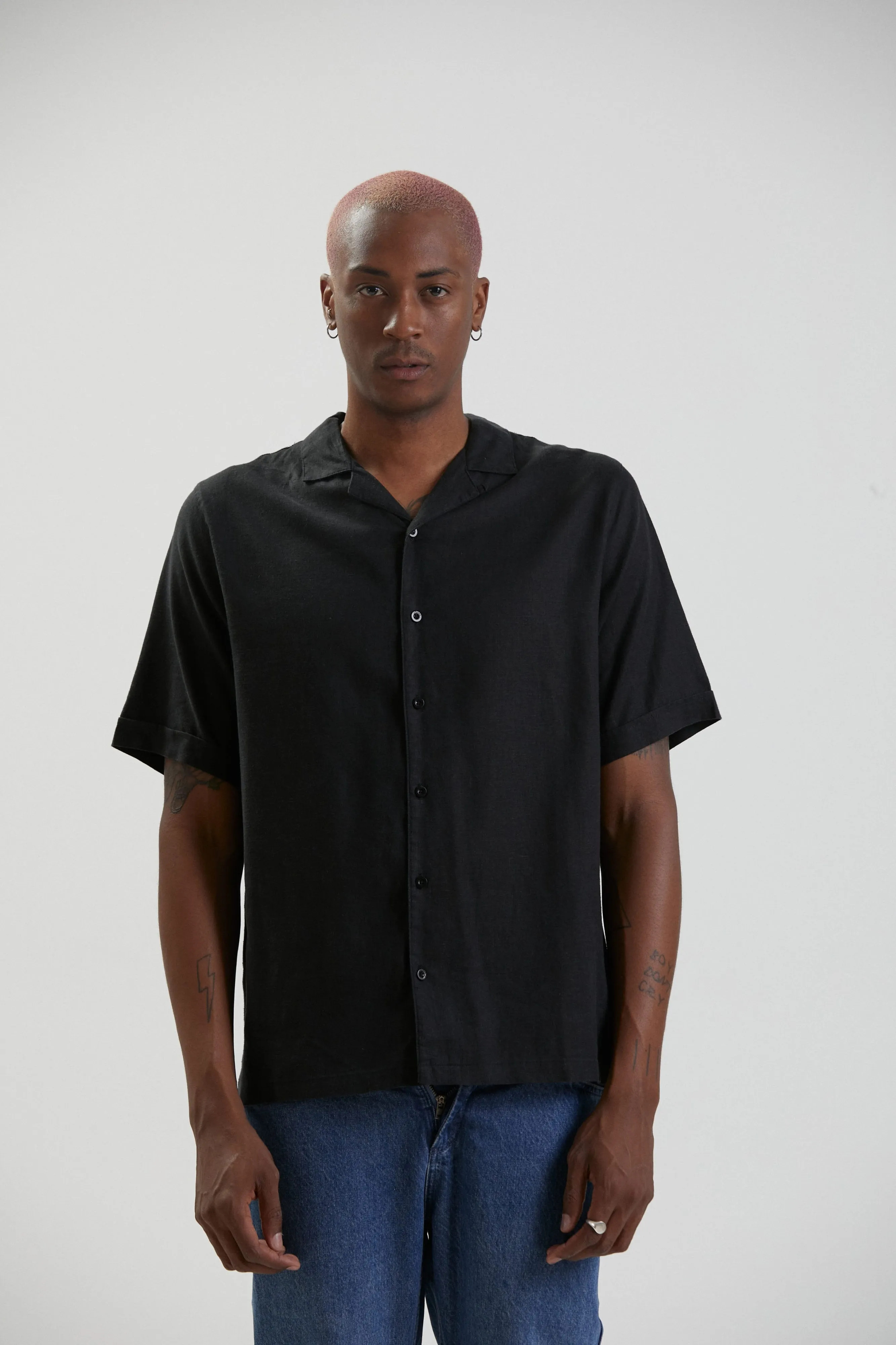 AFENDS Mens Daily - Cuban Short Sleeve Shirt - Black