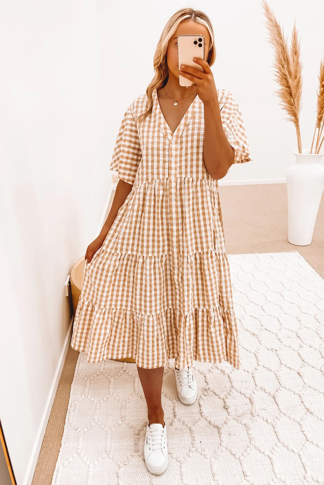 Ainsley Midi Dress Beige Gingham