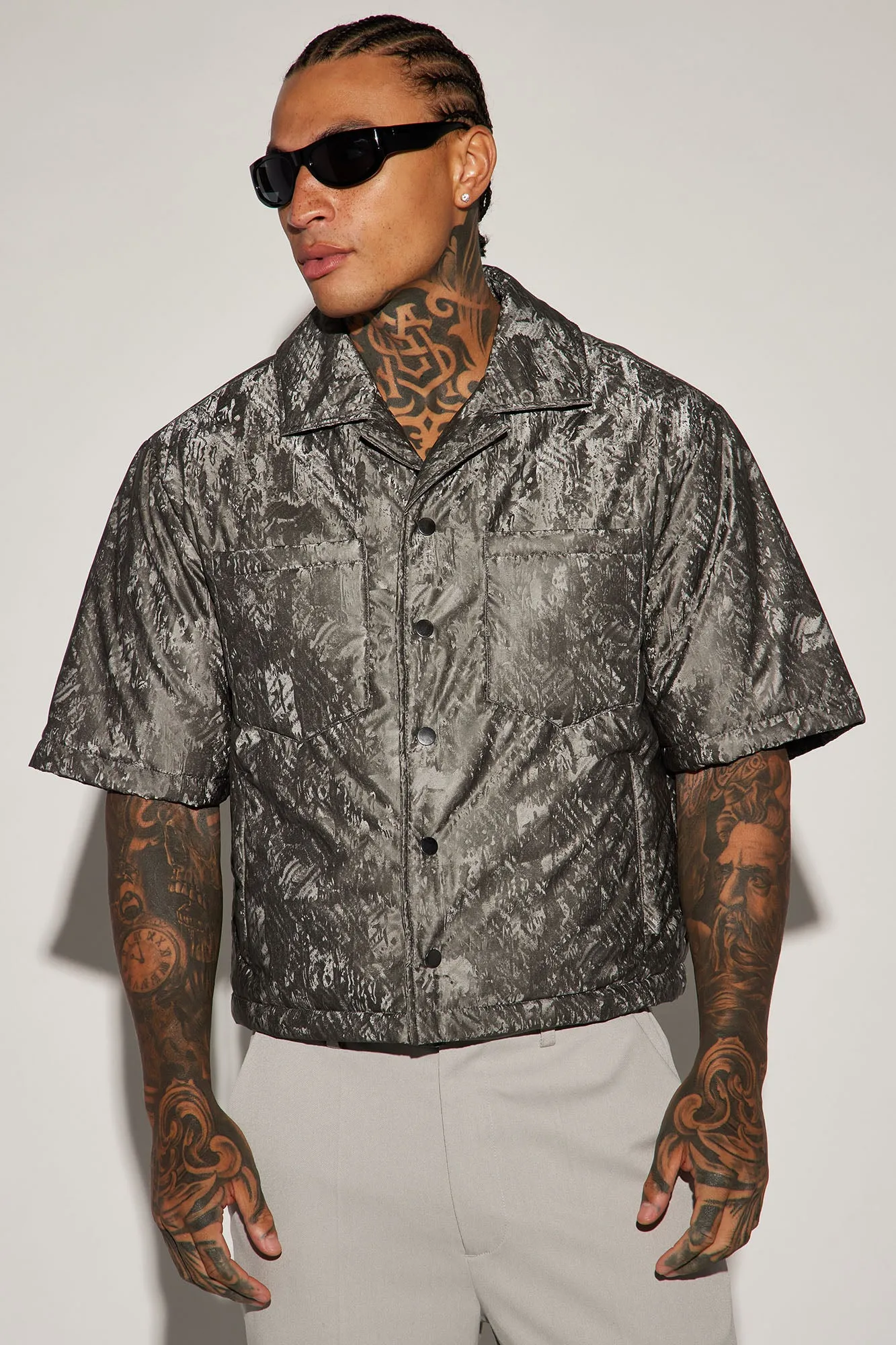 Alpina Cropped Puffer Button Up Shirt - Grey