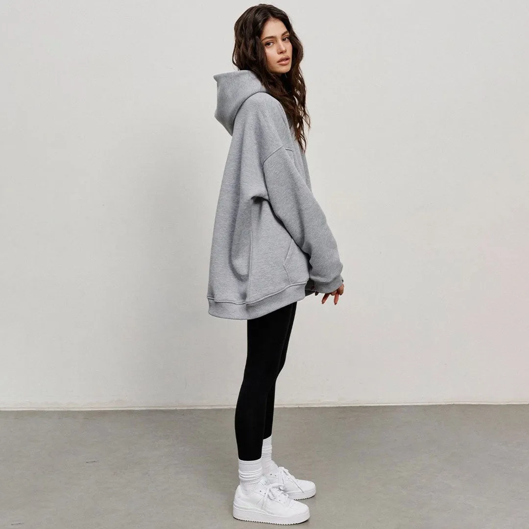 Athletic Style Oversized Drop Shoulder Winter Hooded Sweatshirt - Gray