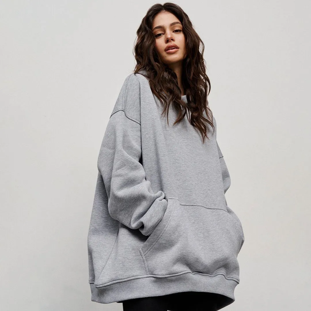 Athletic Style Oversized Drop Shoulder Winter Hooded Sweatshirt - Gray