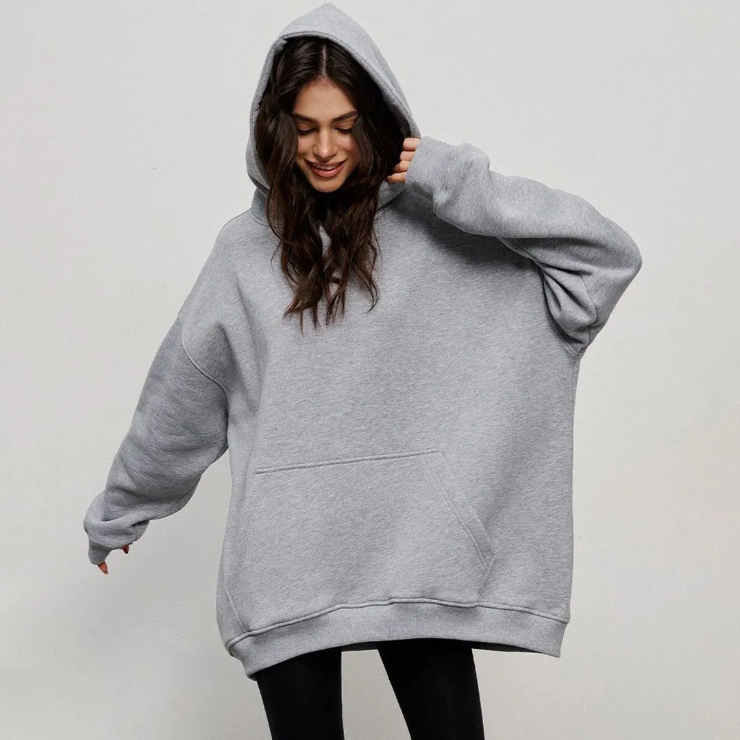 Athletic Style Oversized Drop Shoulder Winter Hooded Sweatshirt - Gray