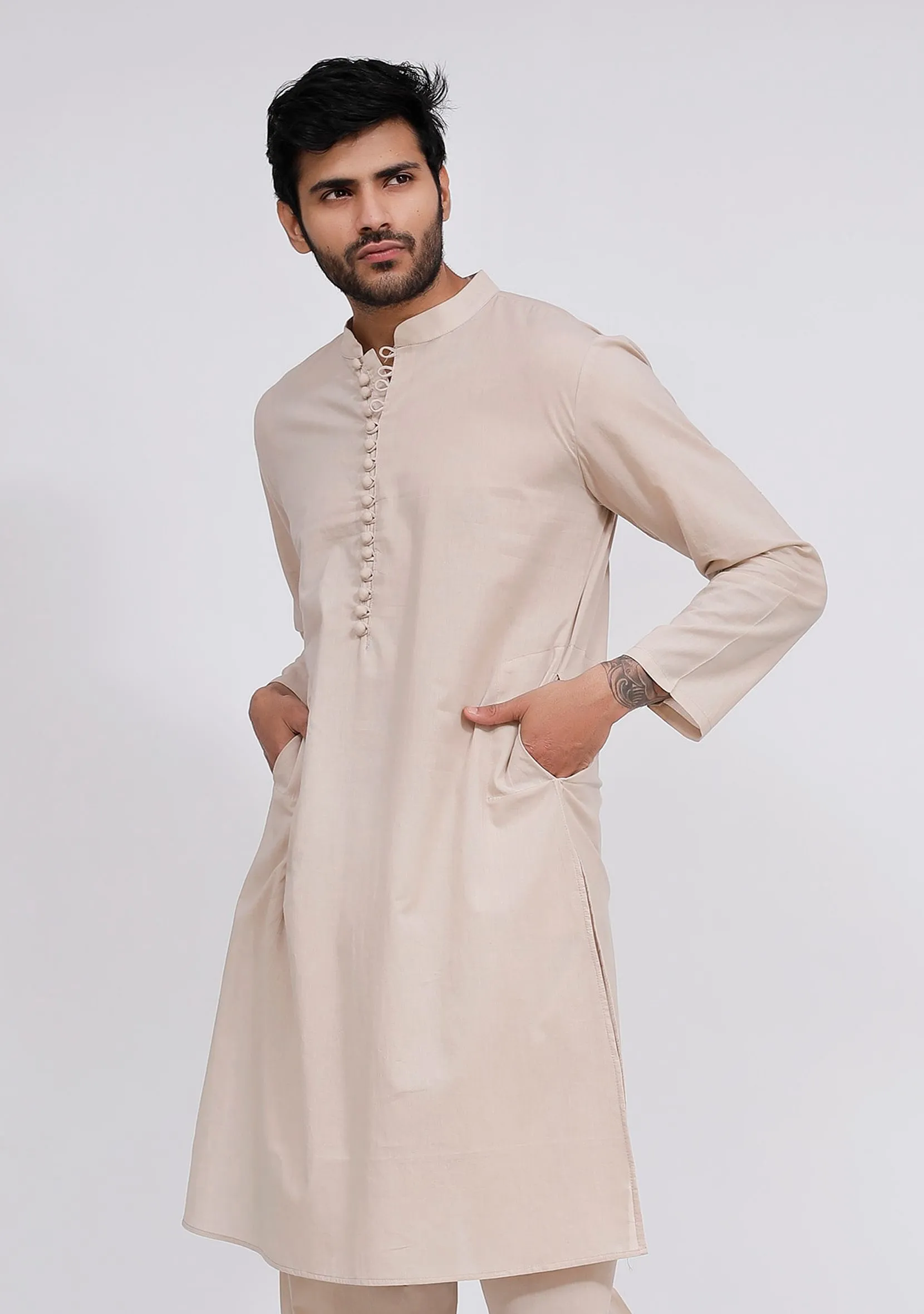 Beige Cotton Button Down Kurta