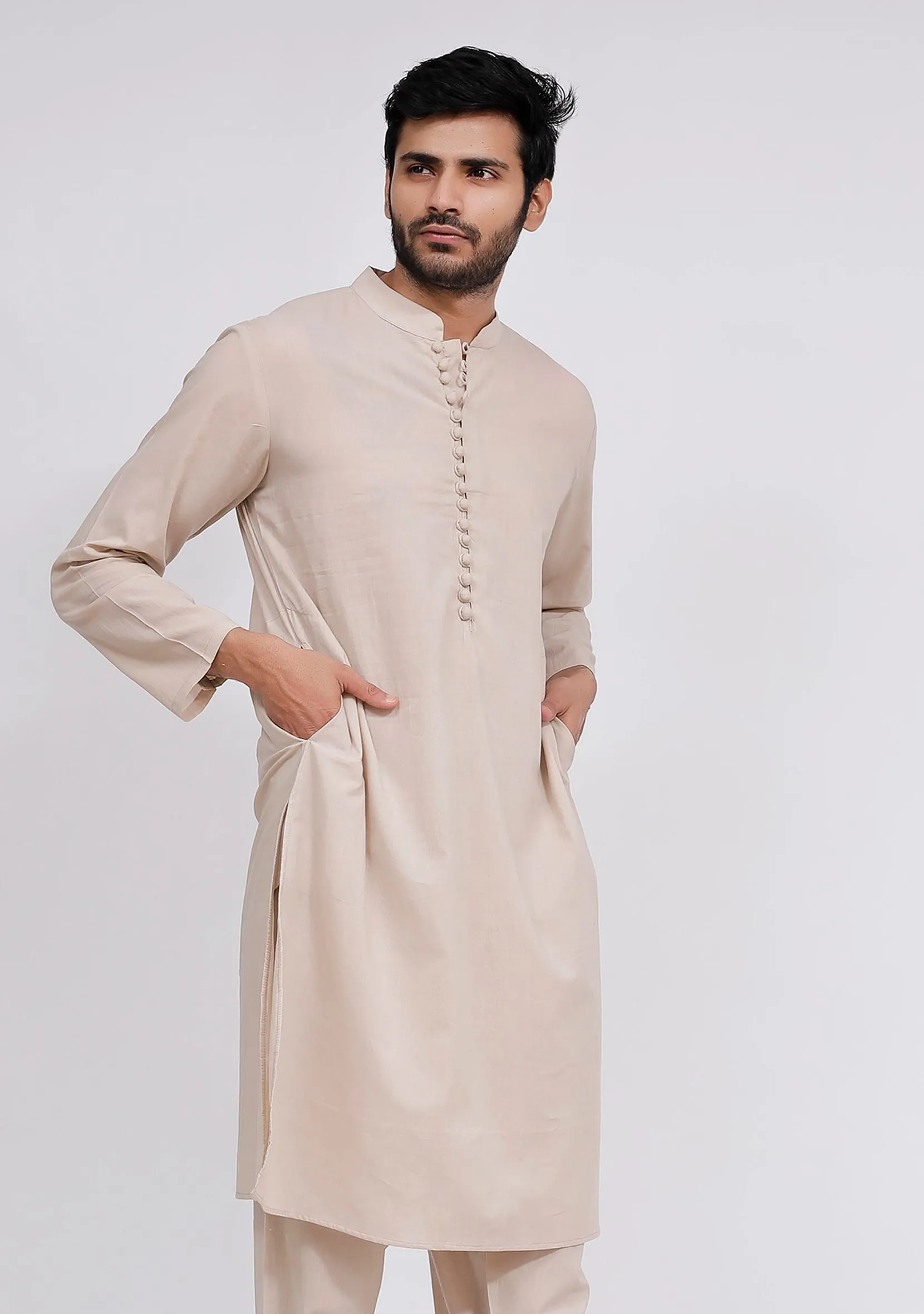 Beige Cotton Button Down Kurta