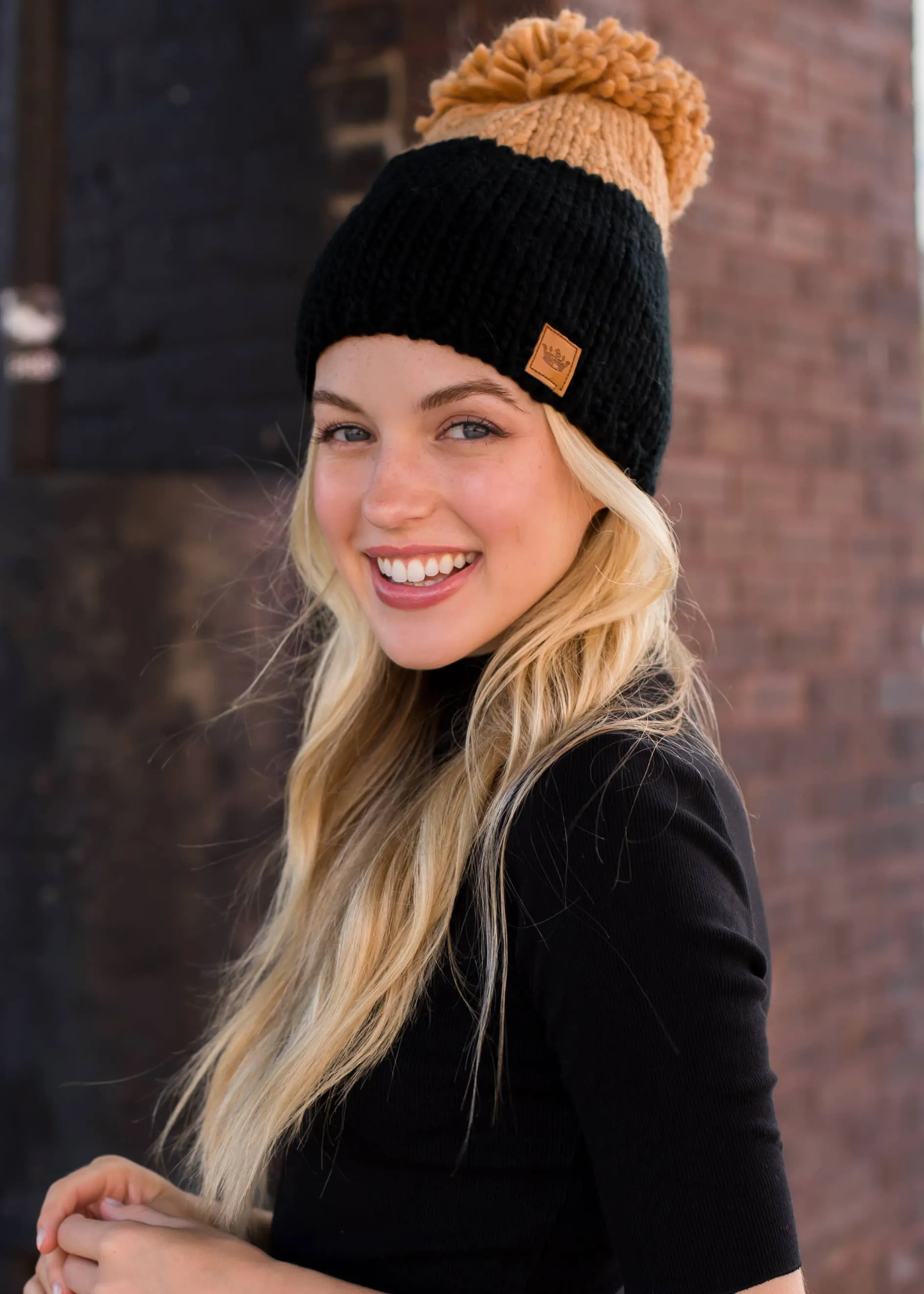 Black & Camel Color Block Pom Hat