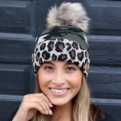 Camo & Leopard Fleece Lined Faux Fur Pom Winter Beanie Hat Womens