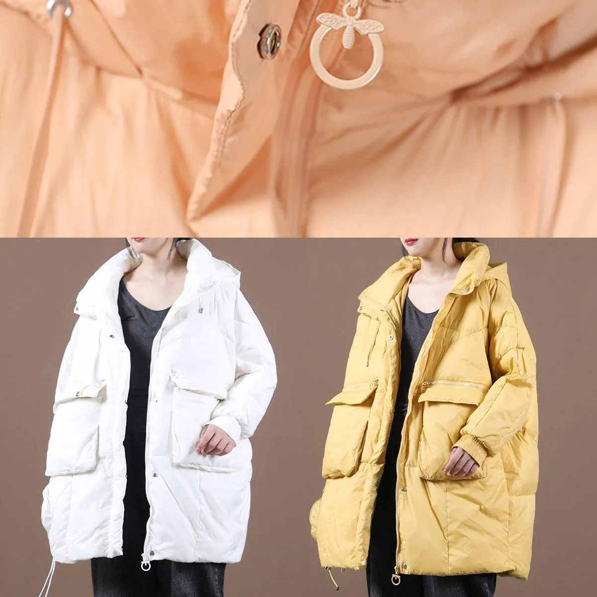 Casual yellow down jacket woman Loose-fitting Winter parka hooded Batwing Sleeve Casual coats