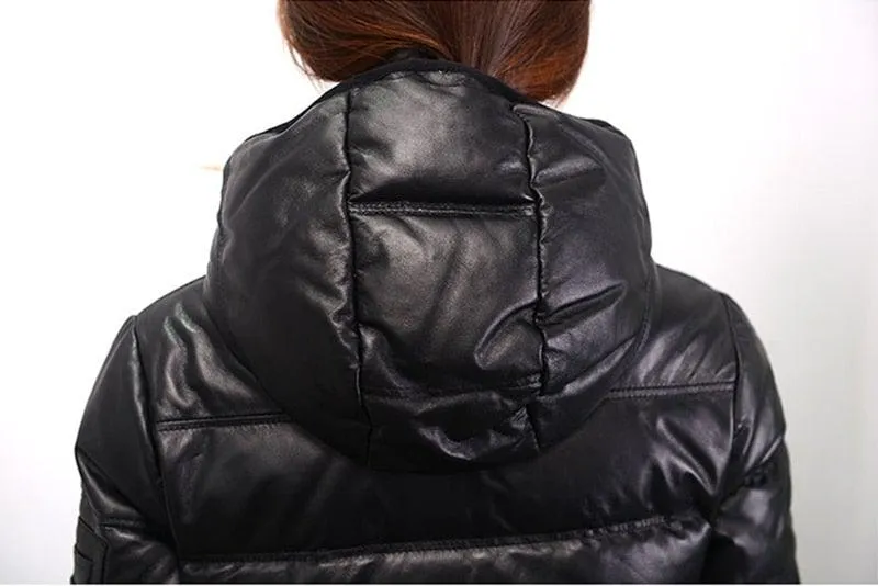 Contra 2020 Black Genuine Hooded Womens Leather Puffer Jacket