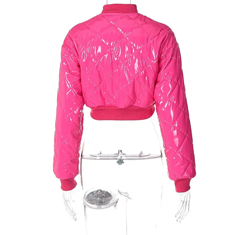 Cute Women Shiny Pink PU Leather Puffer Jacket High Waist Slim Bubble Coats Single Breasted Jackets Leather Cropped Outcoats New