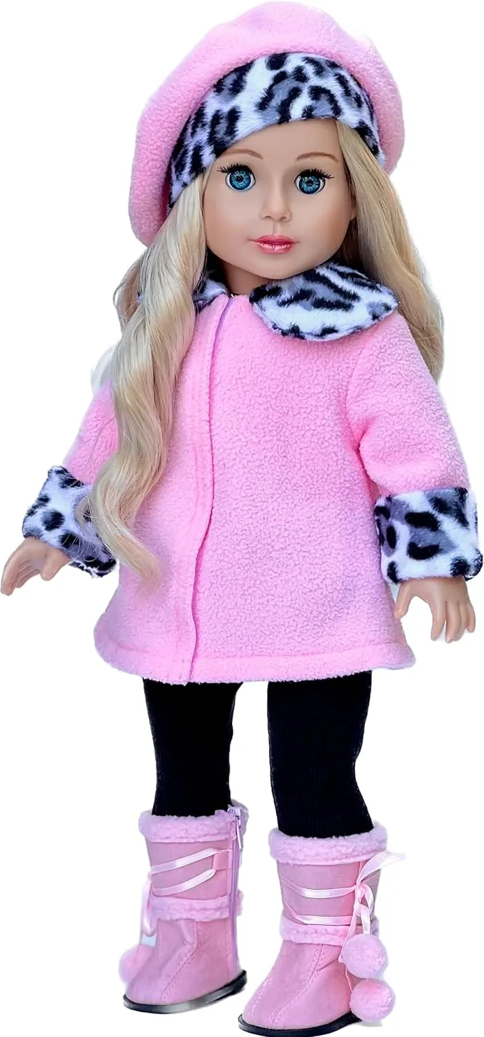 Elegance - Clothes for 18 inch Doll - Pink Fleece Coat, matching Hat, Black Pants and Pink Boots