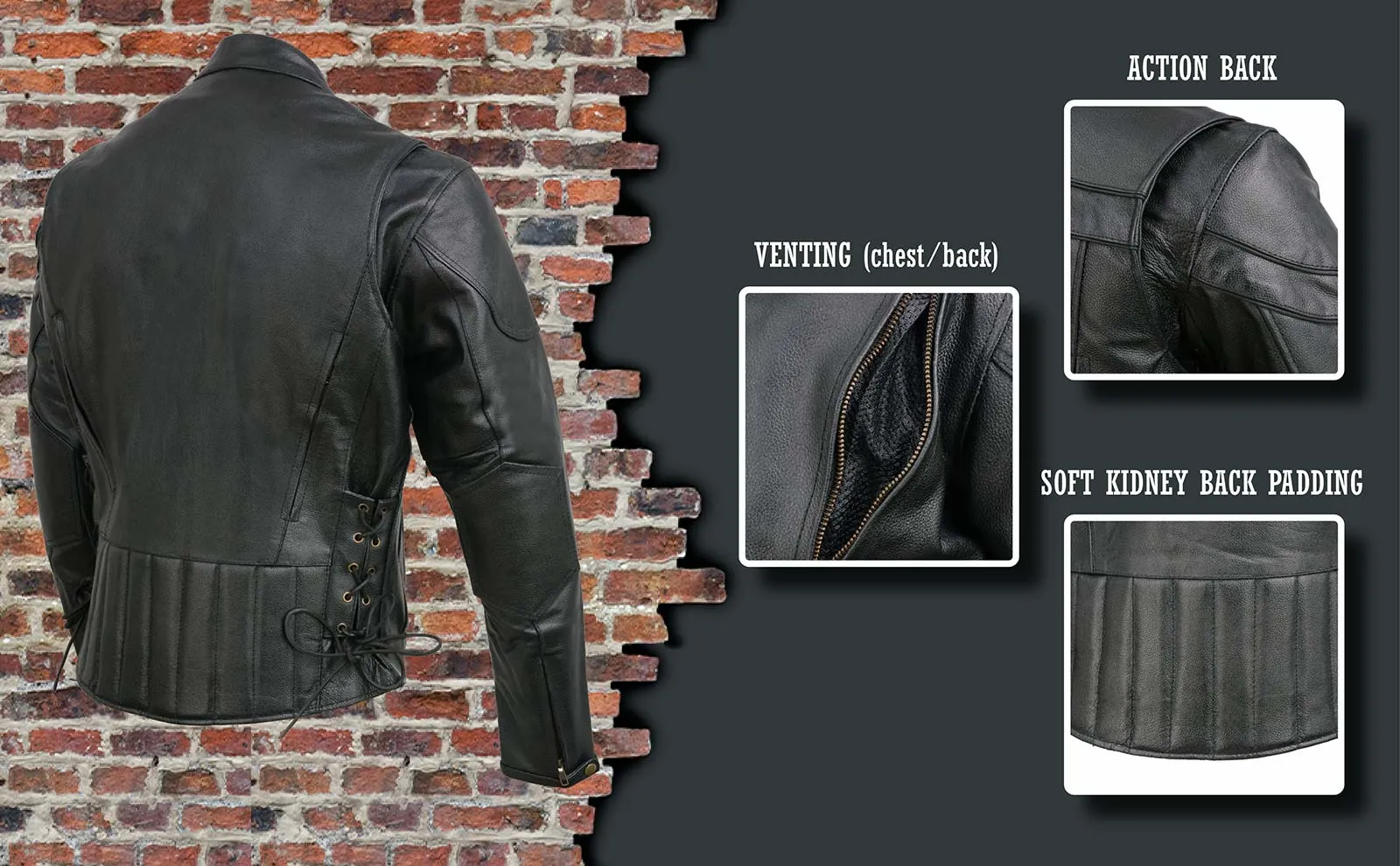 Event Leather Men's Black Side Lace Scooter Jacket with Vents Motorcycle Riding Jacket EL5410