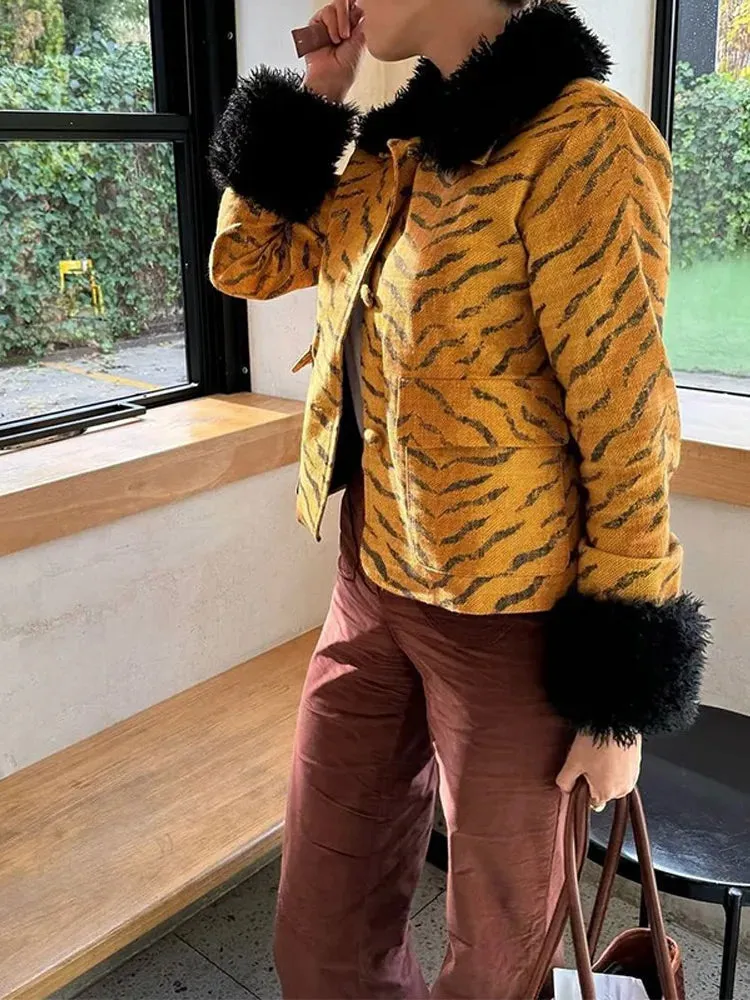 Fashionkova Christmas Gift Outfit Chic Leopard Printed Yellow Long Sleeve Short Coat Elegant Single Breasted Pocket Jacket 2024 New Woman High Street Outerwear