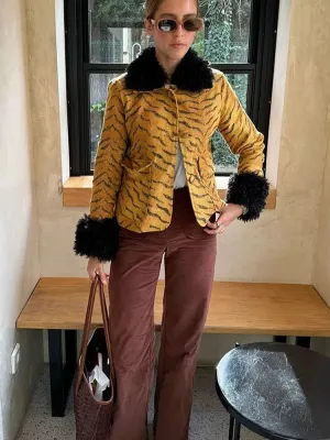 Fashionkova Christmas Gift Outfit Chic Leopard Printed Yellow Long Sleeve Short Coat Elegant Single Breasted Pocket Jacket 2024 New Woman High Street Outerwear