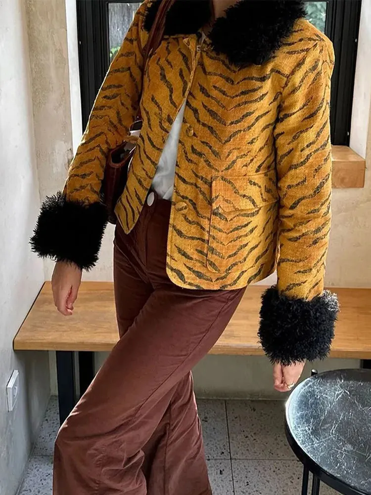 Fashionkova Christmas Gift Outfit Chic Leopard Printed Yellow Long Sleeve Short Coat Elegant Single Breasted Pocket Jacket 2024 New Woman High Street Outerwear