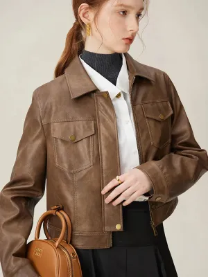 Fashionkova  PU Leather Women 2024 Spring Short Brown Jackets Turn-down Collar Zipper Placket Female Beige Grey pu Coats 24FS11081