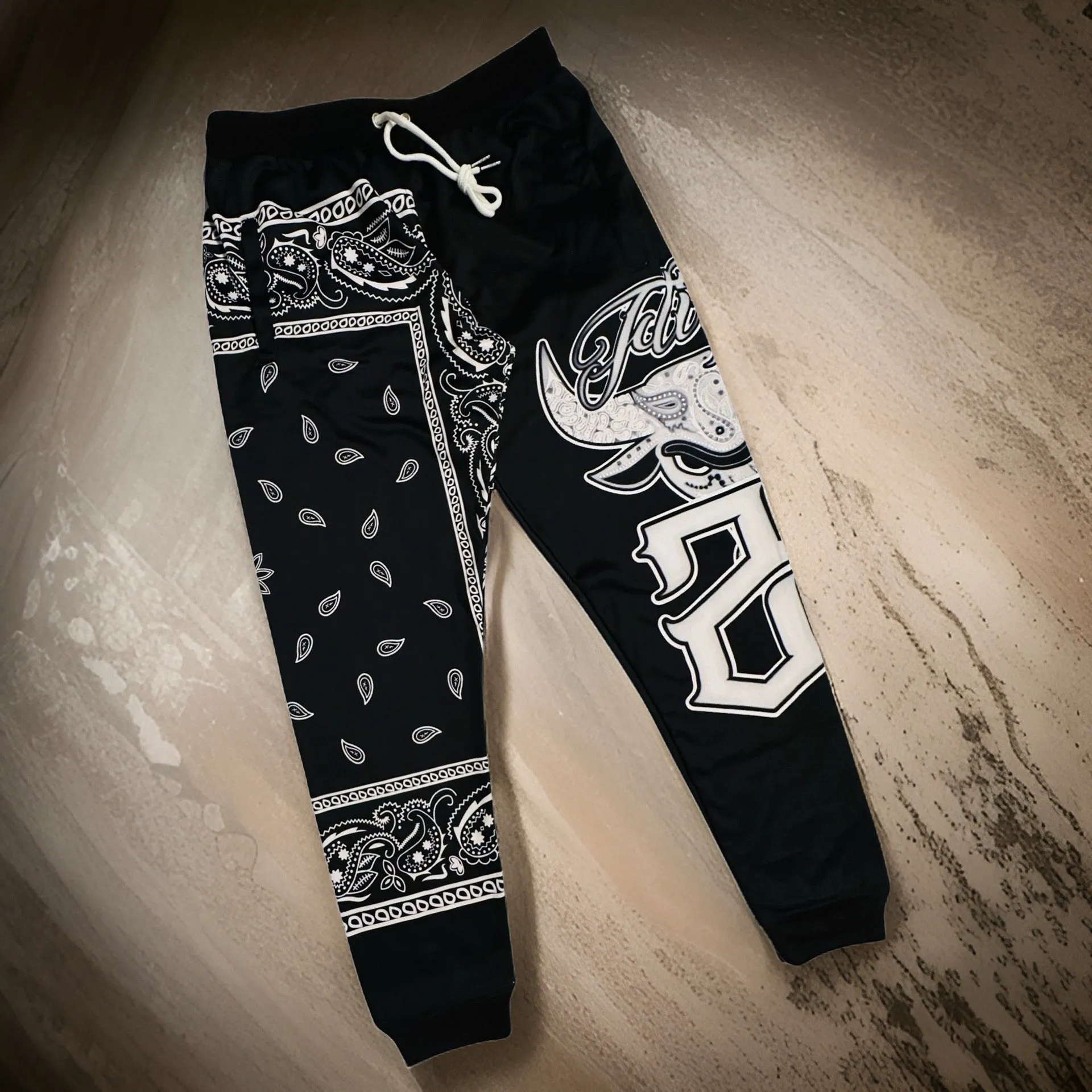 *FLIGHT 23* BLACK BANDANA / PAISLEY JOGGER SWEATSUITS (FLEECE LINED) (BACK EMBROIDERED)