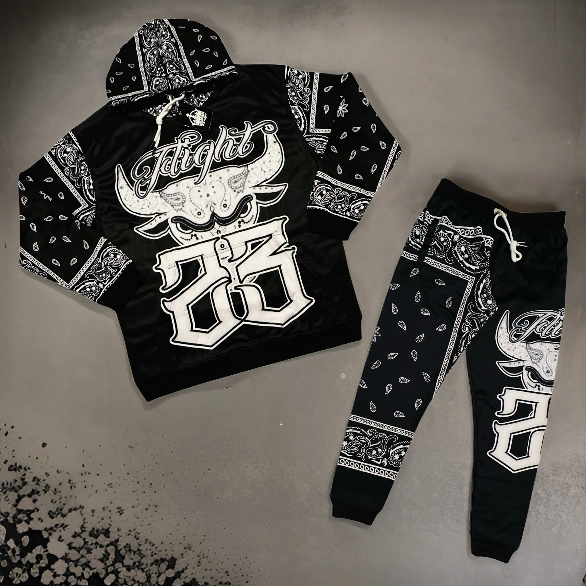 *FLIGHT 23* BLACK BANDANA / PAISLEY JOGGER SWEATSUITS (FLEECE LINED) (BACK EMBROIDERED)