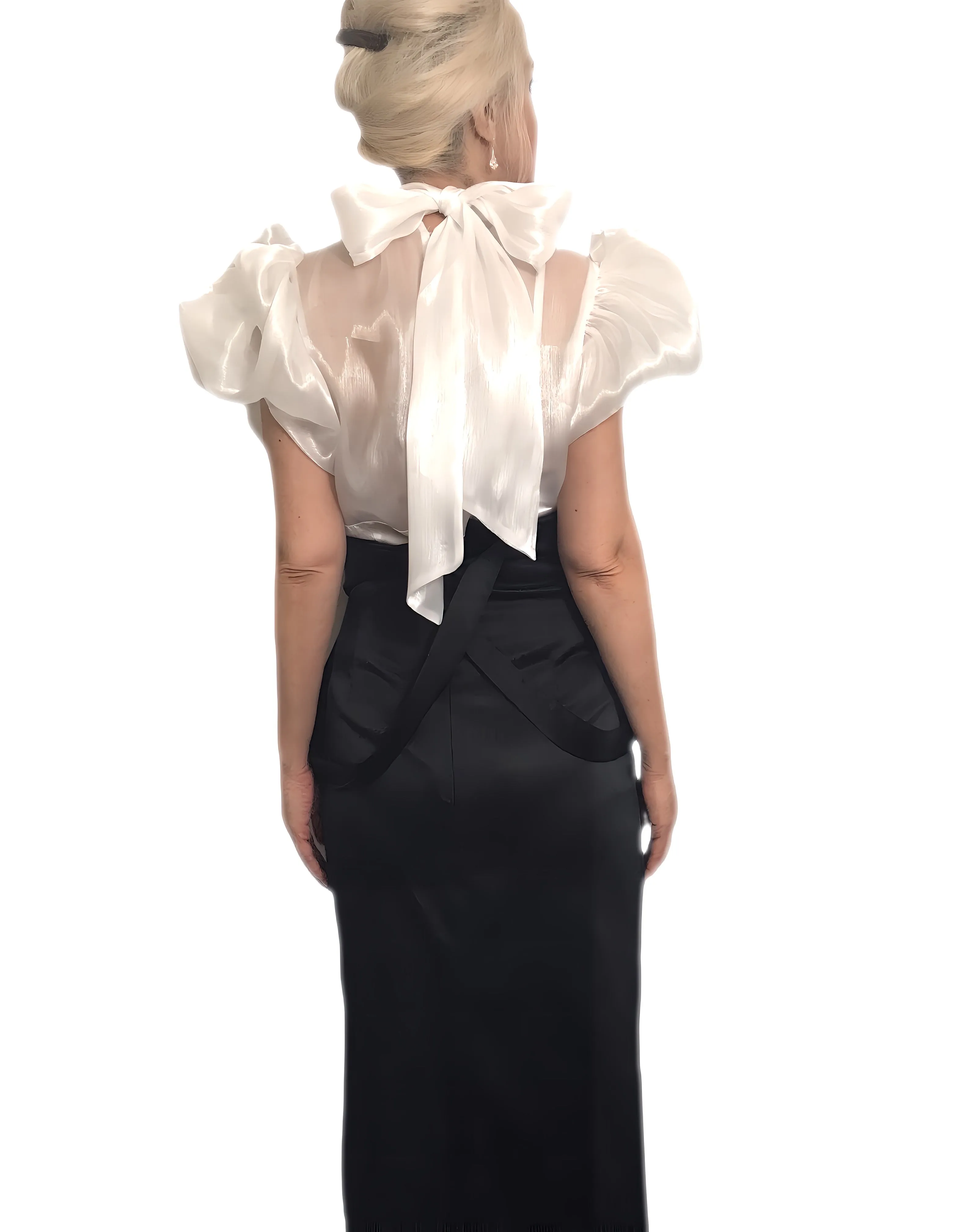 Frilled Satin& Chiffon Bow Back Blouse