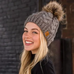 Gray Cable Knit Faux Fur Pompom Beanie Fleece Lined Women's Winter Hat