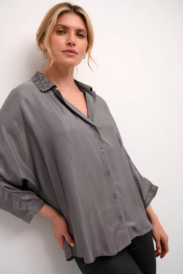 GREY SATIN BUTTON DOWN COLLAR SHIRT