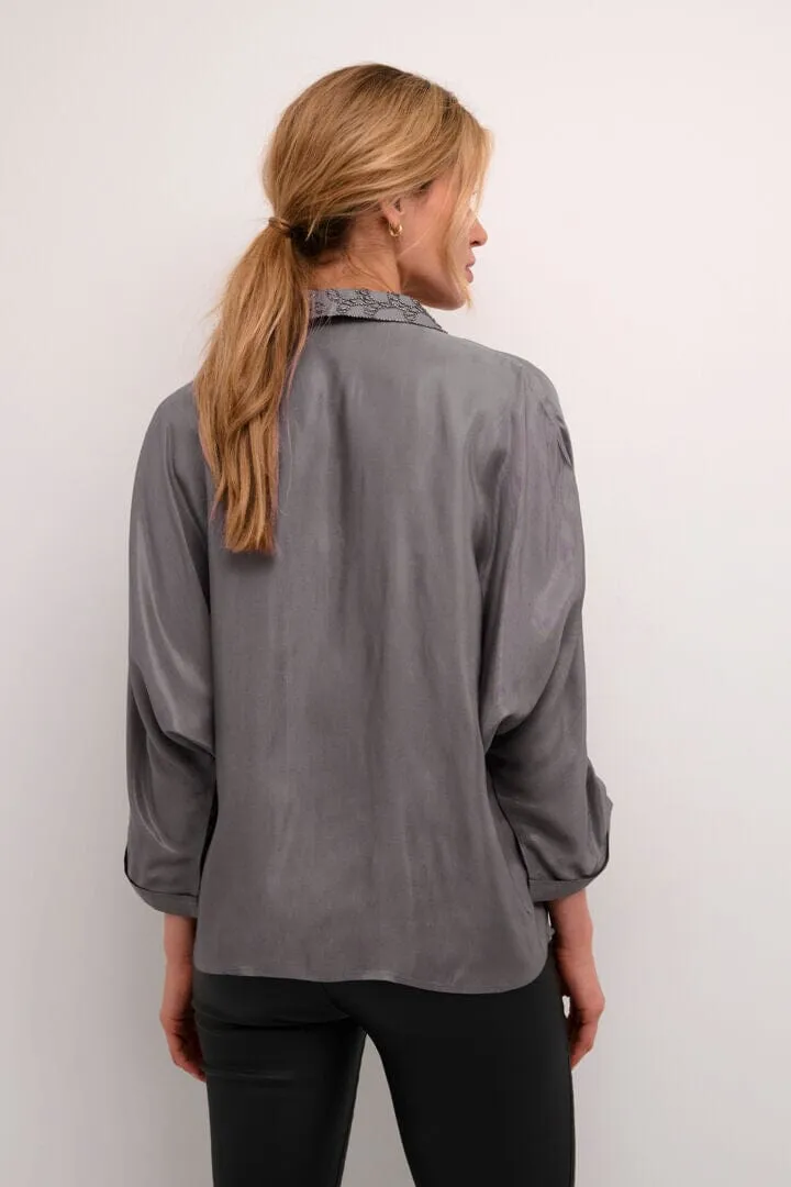 GREY SATIN BUTTON DOWN COLLAR SHIRT