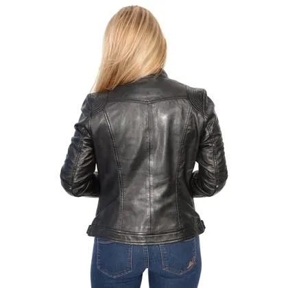 Ladies stand up collar racer jacket with rivet details