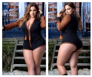 Mapale 7405X Curvy Size Long Sleeve Sleep Romper Color Black-Orange