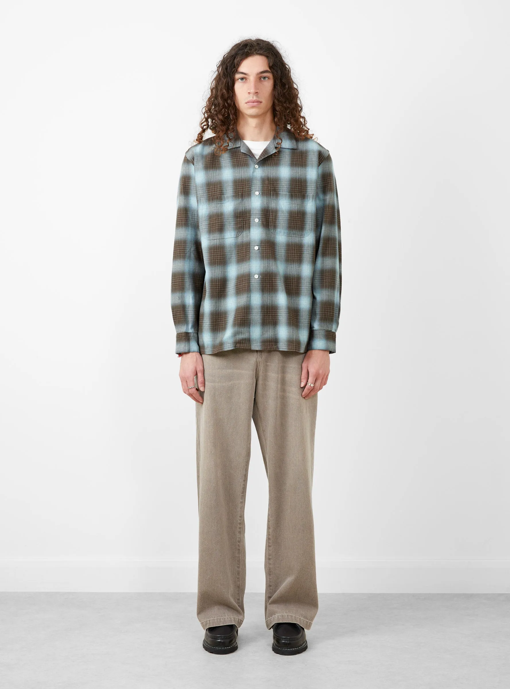 Open Collar Ombre Plaid Shirt Brown