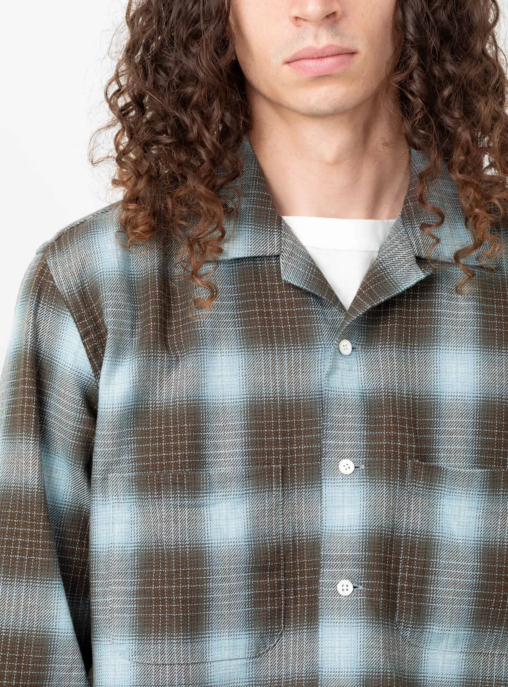 Open Collar Ombre Plaid Shirt Brown