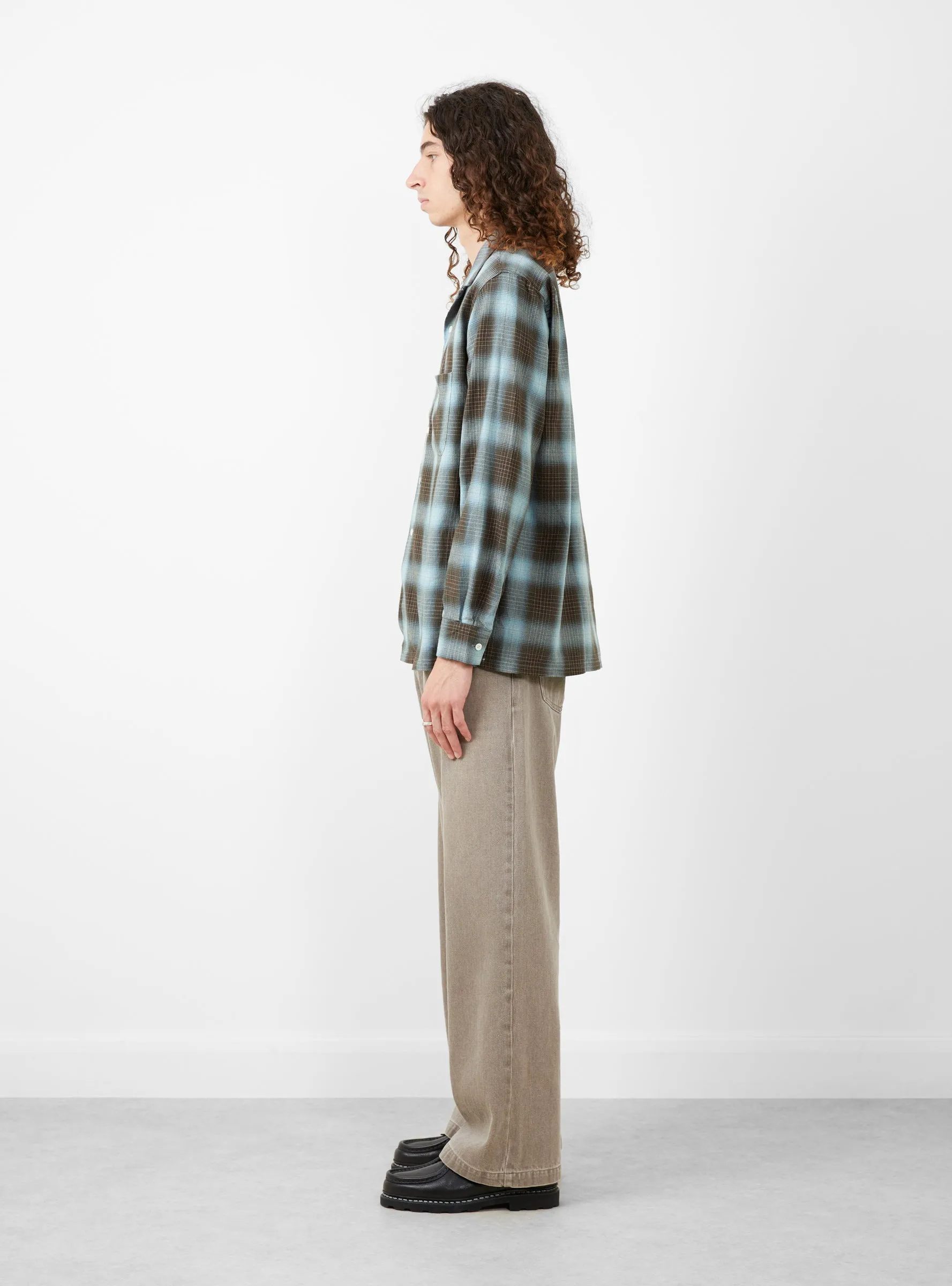 Open Collar Ombre Plaid Shirt Brown