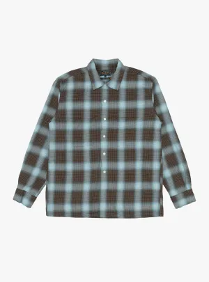 Open Collar Ombre Plaid Shirt Brown