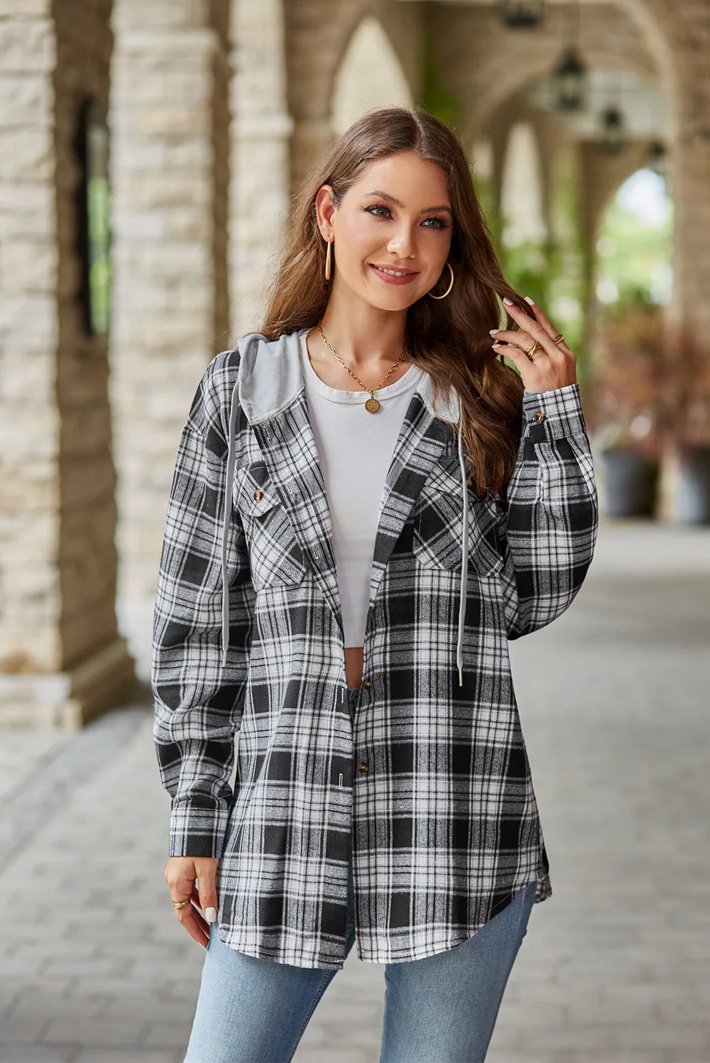 Plaid Long Sleeve Hooded Jacket