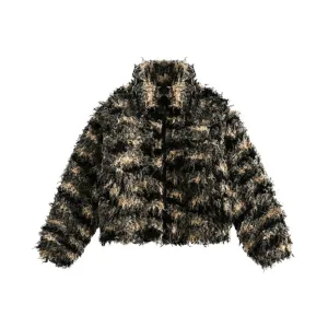 Pre Order:  Striped Faux Fur Stand Collar Jacket