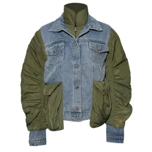 Pre Order:  Washed Denim Patchwork Stand Collar Jacket