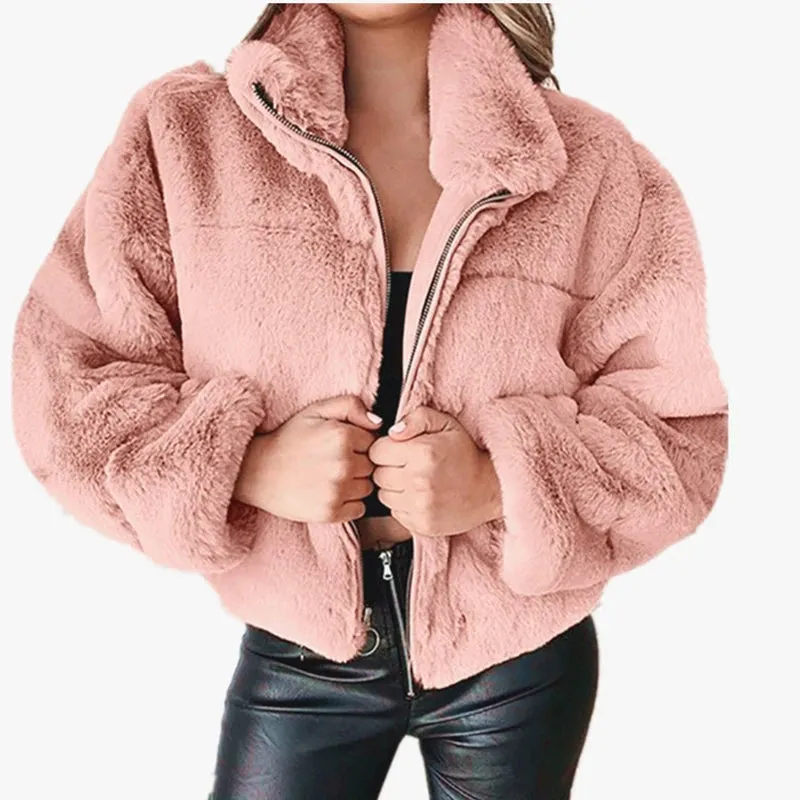 Rabbit Fur Imitation Fur Zipper Plush Warm Pink Jacket Long Sleeve Short Coat Winter Women Crop Top Casual New In Outwear Cloth