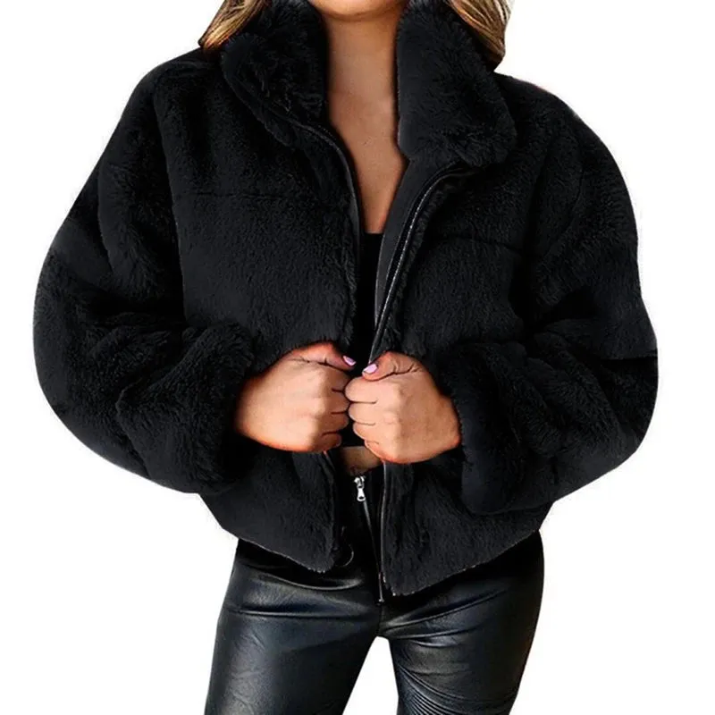 Rabbit Fur Imitation Fur Zipper Plush Warm Pink Jacket Long Sleeve Short Coat Winter Women Crop Top Casual New In Outwear Cloth