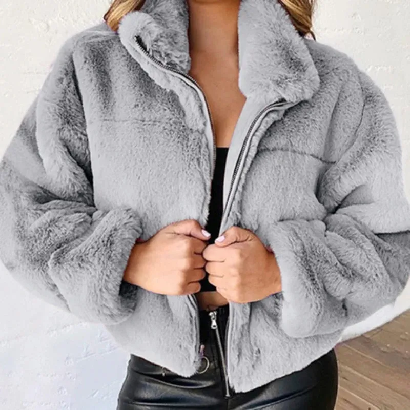 Rabbit Fur Imitation Fur Zipper Plush Warm Pink Jacket Long Sleeve Short Coat Winter Women Crop Top Casual New In Outwear Cloth