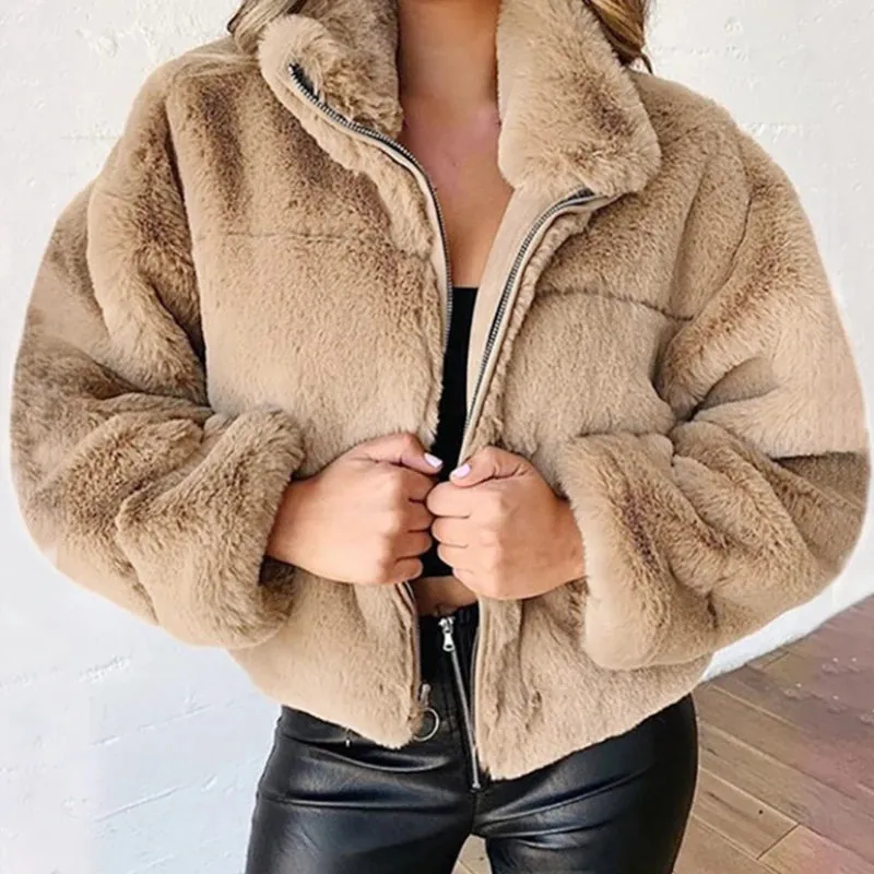 Rabbit Fur Imitation Fur Zipper Plush Warm Pink Jacket Long Sleeve Short Coat Winter Women Crop Top Casual New In Outwear Cloth