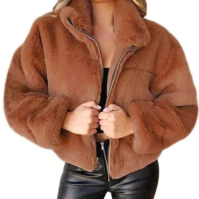 Rabbit Fur Imitation Fur Zipper Plush Warm Pink Jacket Long Sleeve Short Coat Winter Women Crop Top Casual New In Outwear Cloth