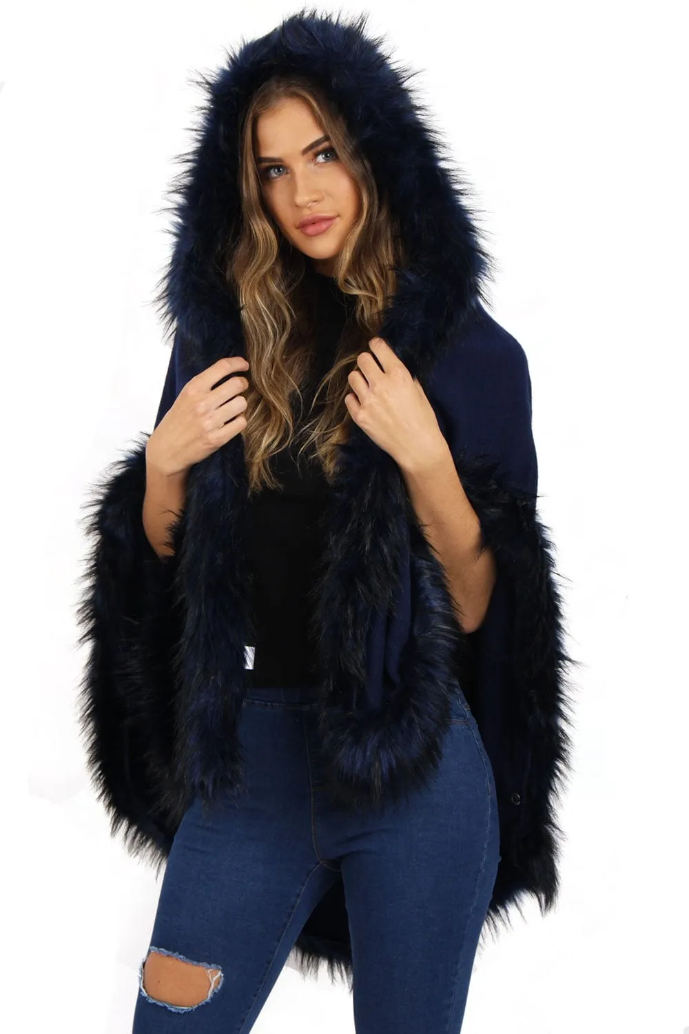 Short Poncho Cape with Faux Fur Hood Cuffs and Trim