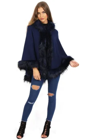 Short Poncho Cape with Faux Fur Hood Cuffs and Trim