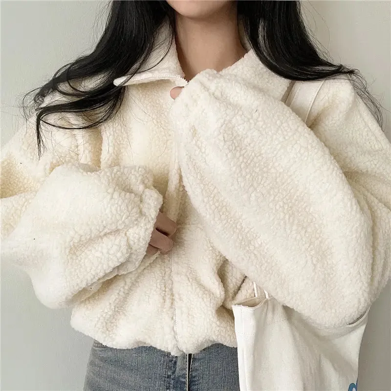 Stand-up Collar Thermal Faux Lamb Fur Sweater