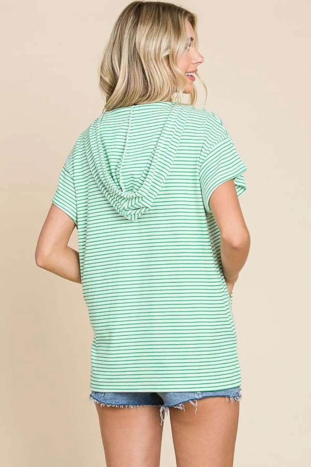 Striped Short Sleeve Hooded Top