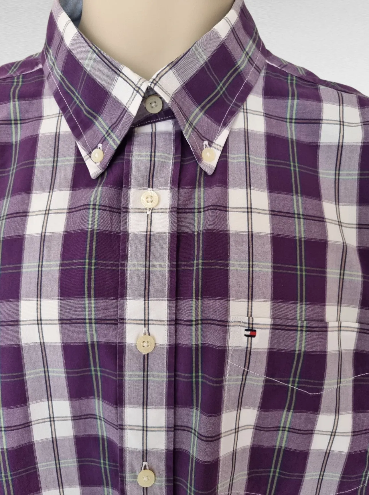 Tommy Hilfiger Men's Mauve & White Check Short Sleeve Oxford Shirt  Size 40 18 ½